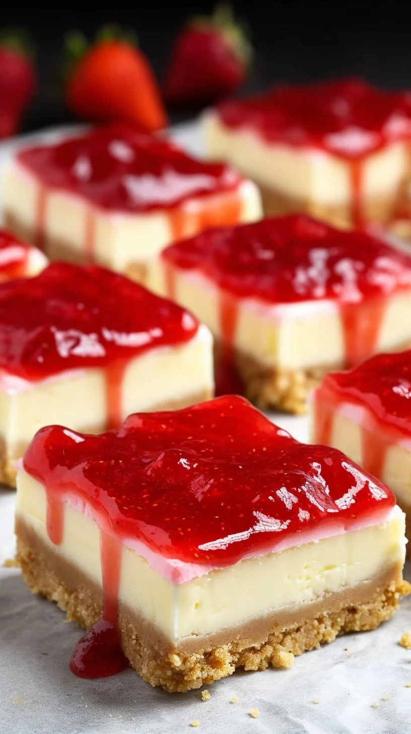 Delicious Philadelphia cheesecake bars with fresh strawberries on top