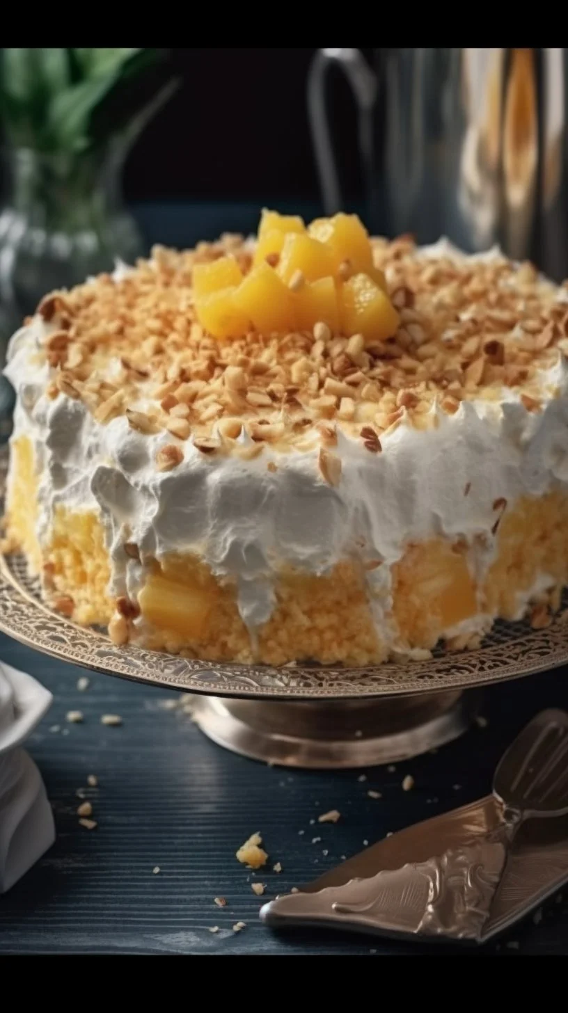 Delicious slice of Pineapple Angel Cloud Cake with whipped cream topping