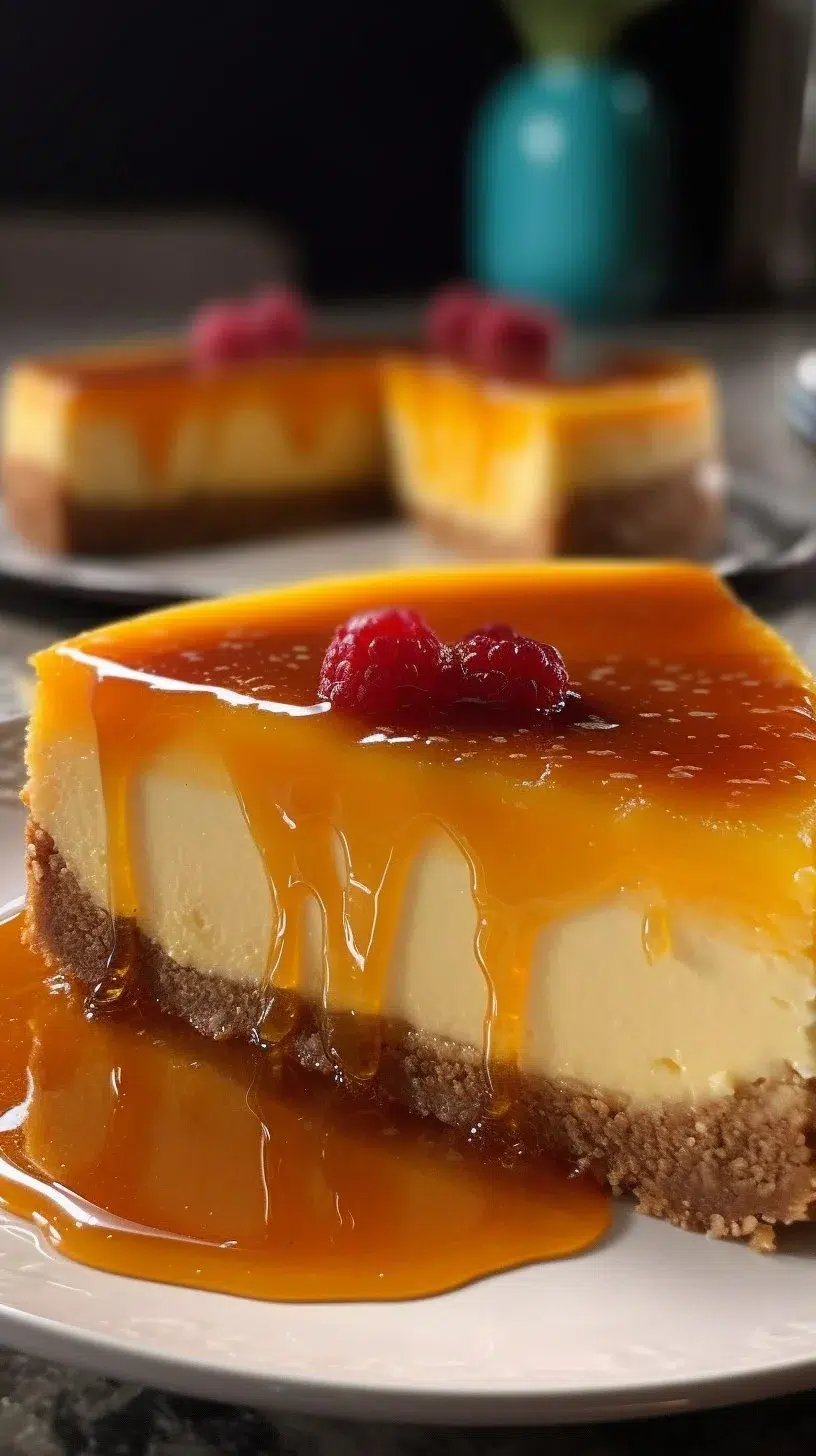 Delicious Pineapple Caramel Cheesecake topped with caramel drizzle and pineapple slices