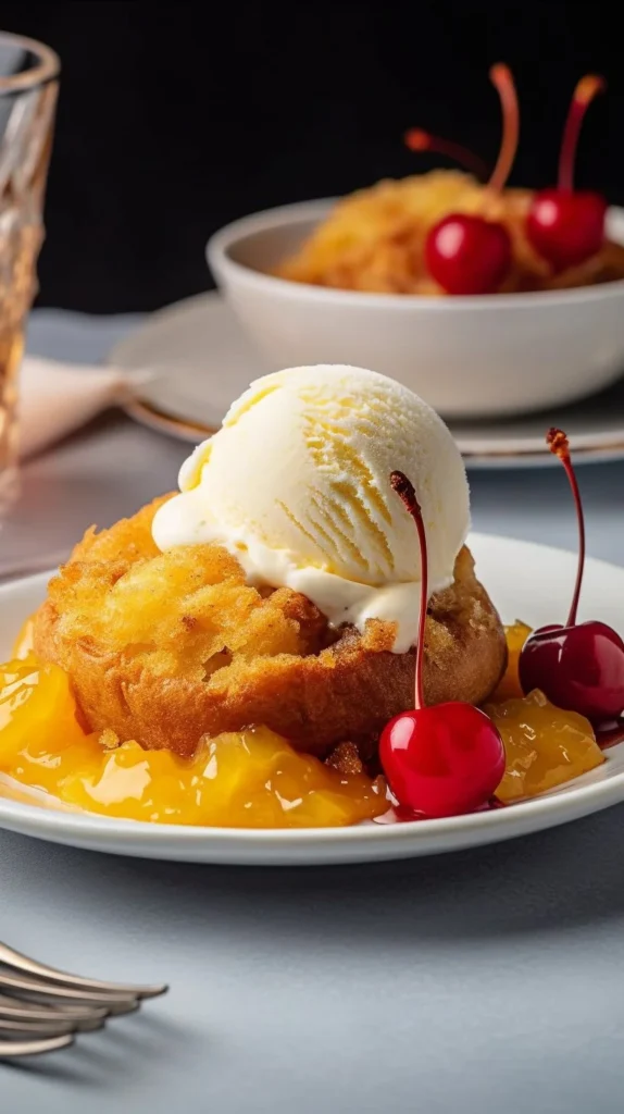 Delicious Pineapple Dump Cake served on a white plate with a scoop of vanilla ice cream.
