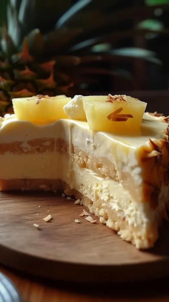 Slice of Pineapple White Chocolate Cheesecake with fresh pineapple garnish