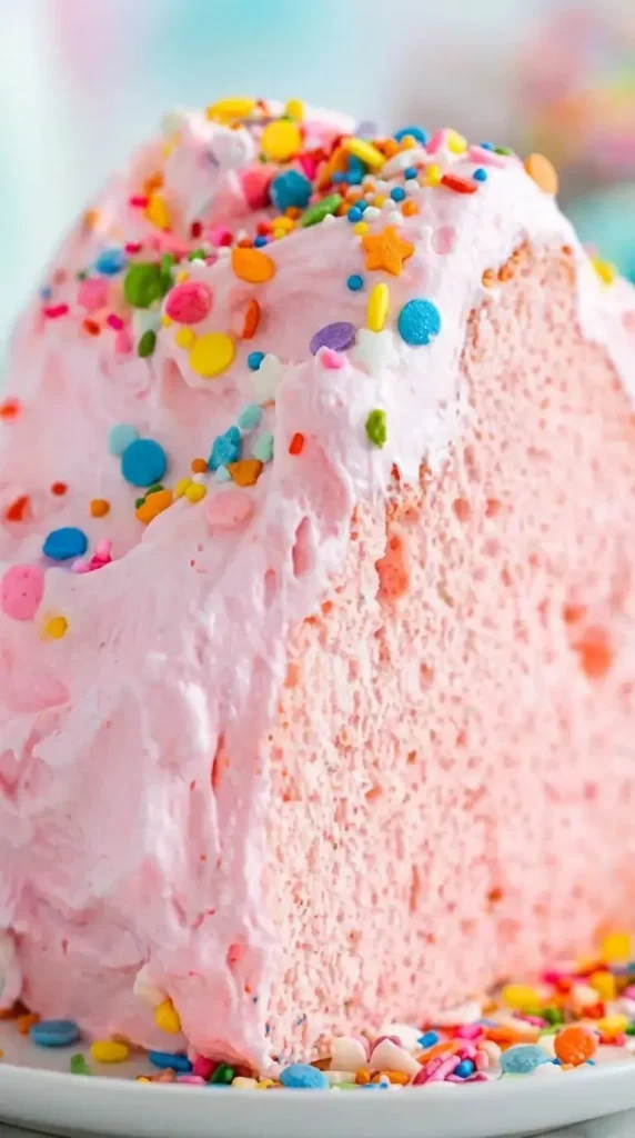 Pink Angel Food Cake topped with fresh strawberries and whipped cream