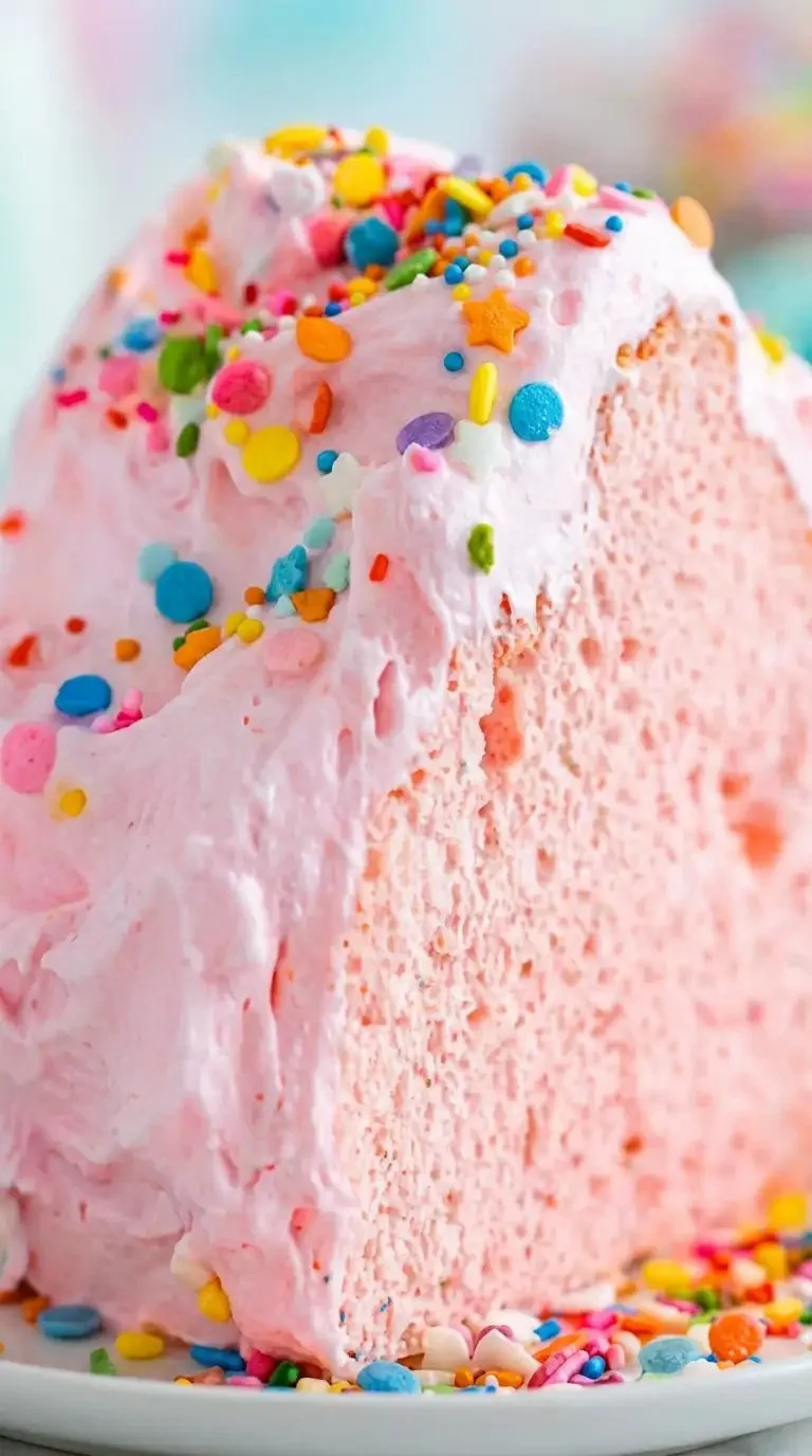 Pink Angel Food Cake topped with fresh strawberries and whipped cream