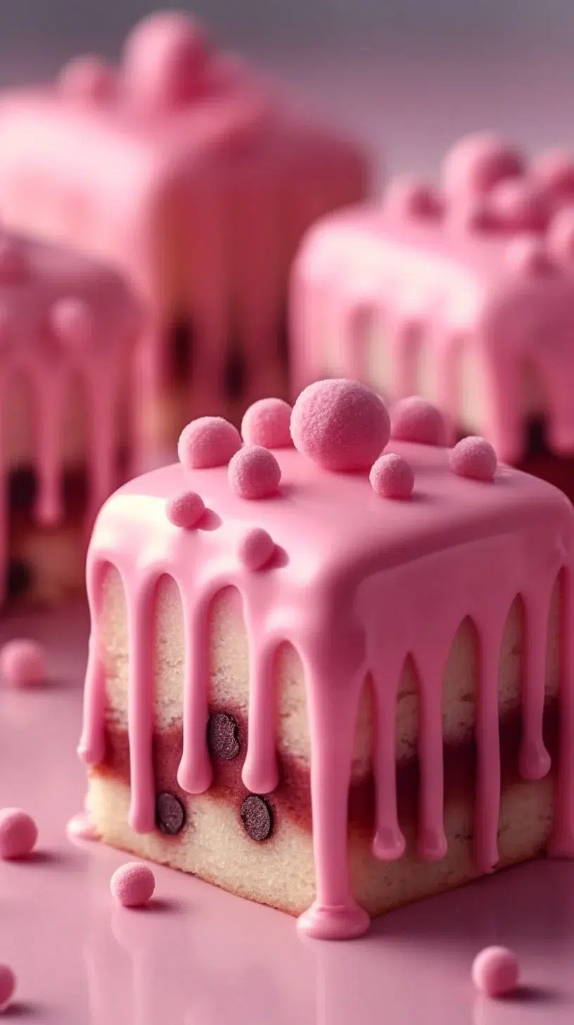 Pink cookie dough mini cakes with chocolate drip topping.
