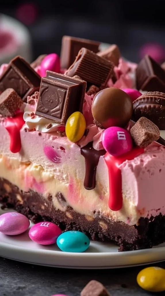 Delicious Pink M&M Snickers Cheesecake topped with candy