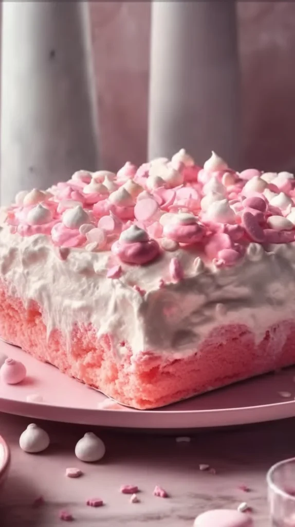 Slice of pink velvet cloud cake topped with cream frosting and edible flowers.
