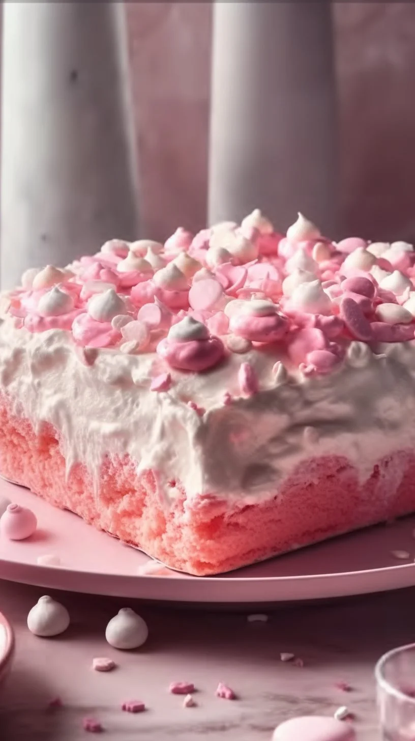 Slice of pink velvet cloud cake topped with cream frosting and edible flowers.