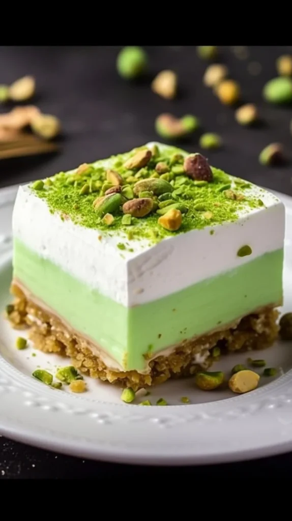 Delicious homemade pistachio pudding dessert in a serving dish