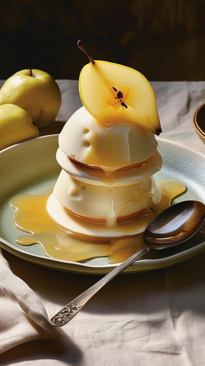 Delicious poached pears in honey syrup served on a plate