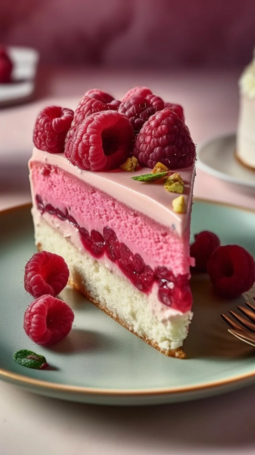 Delicious Raspberry Cheesecake with a crunchy Pistachio Crumb topping