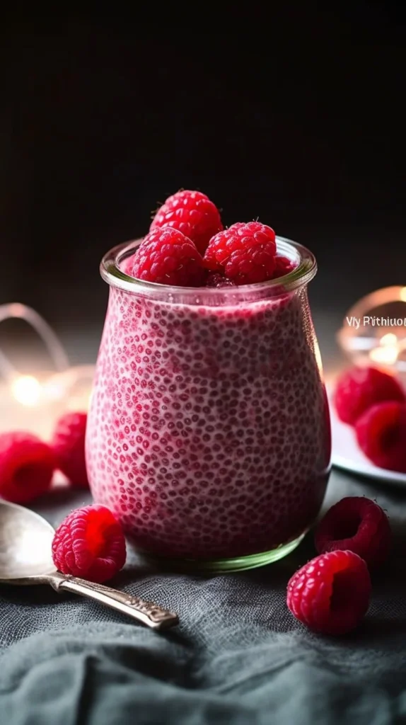 Delicious raspberry chia pudding in a glass garnished with fresh raspberries