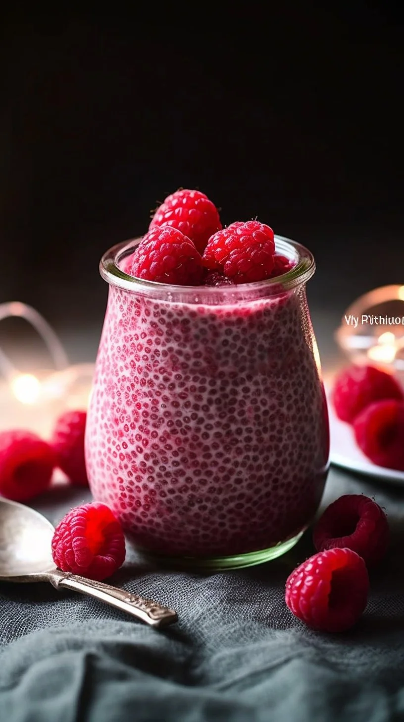 Delicious raspberry chia pudding in a glass garnished with fresh raspberries