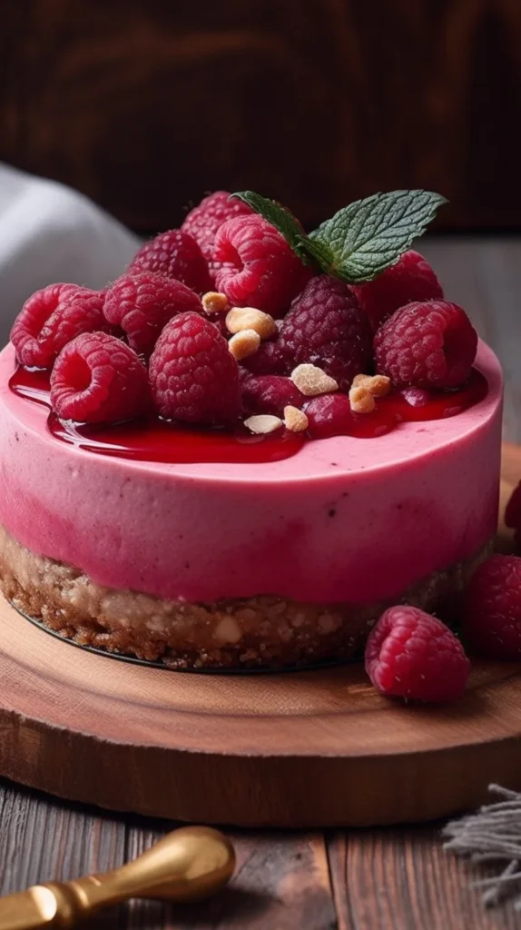 Delicious raspberry mousse dessert garnished with fresh raspberries
