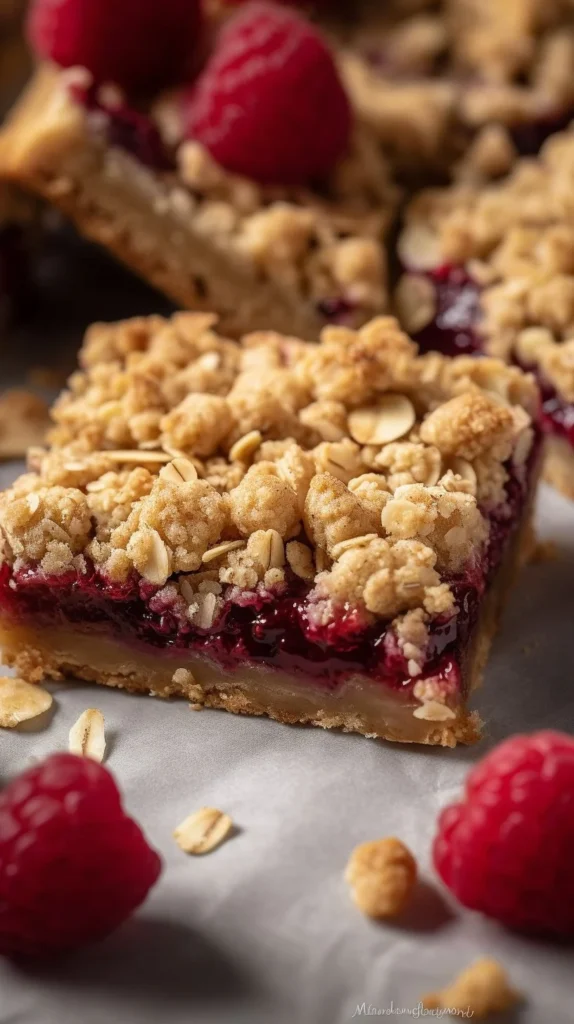 Raspberry Oatmeal Crumble Bars with fresh raspberries and oatmeal topping