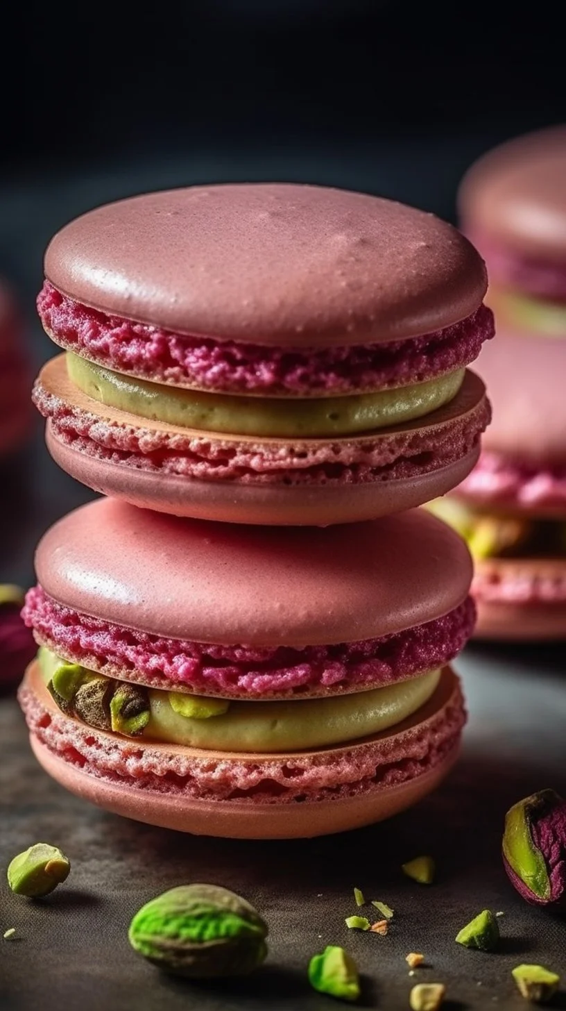 Raspberry Pistachio Macarons on a decorative platter
