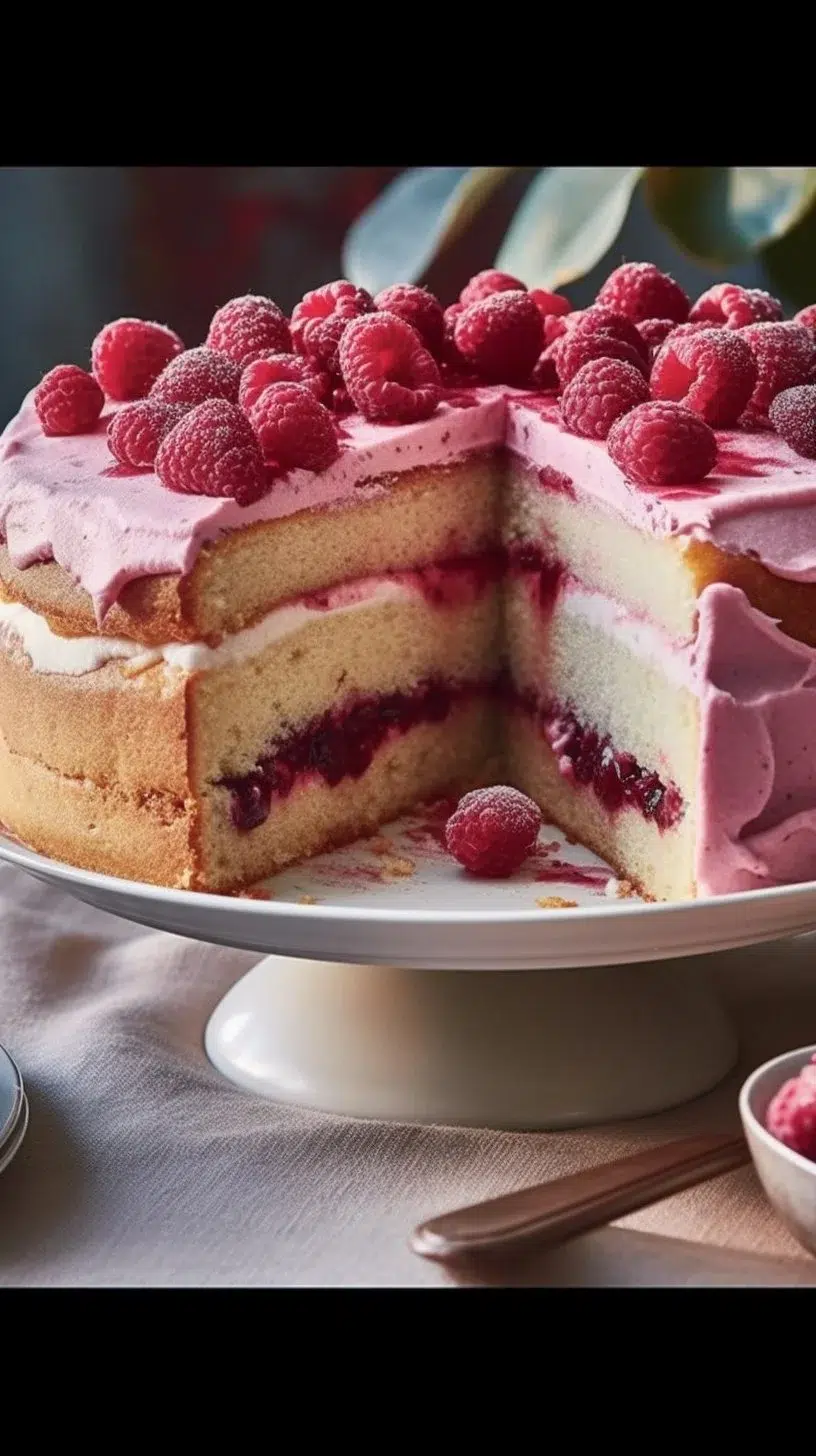 Delicious Raspberry Ripple Sponge Cake with a swirl of fresh raspberries
