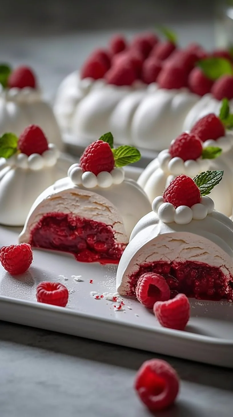 Decadent Red Velvet Pavlova Bombs topped with cream and berries.
