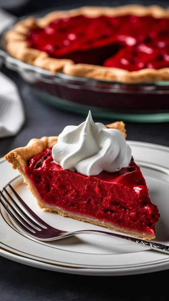 Delicious Red Velvet Pie on a white plate with cream cheese frosting