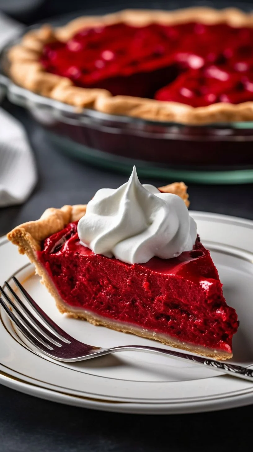 Delicious Red Velvet Pie on a white plate with cream cheese frosting
