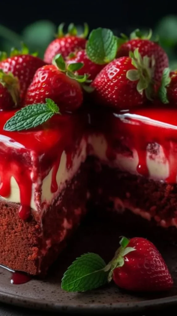 Slice of Red Velvet Strawberry Cheesecake topped with fresh strawberries