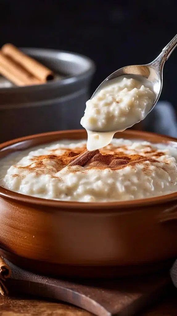 Delicious bowl of homemade rice pudding garnished with cinnamon and raisins