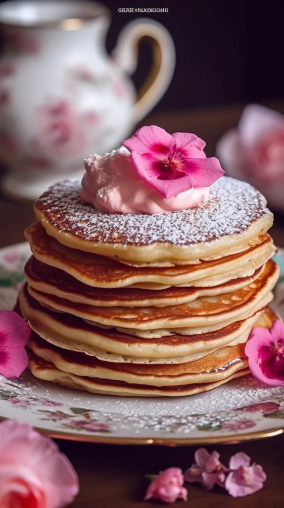 Delicious rose water pancakes topped with fresh fruit and syrup