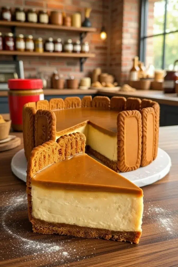 Delicious salted caramel Lotus Biscoff cheesecake slice on a plate