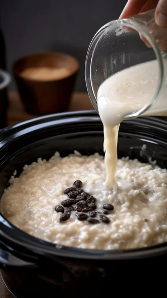 Bowl of homemade Slow Cooker Rice Pudding topped with cinnamon and raisins.
