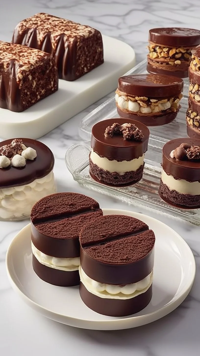 Small layered chocolate-hazelnut cakes with rich frosting and garnishes