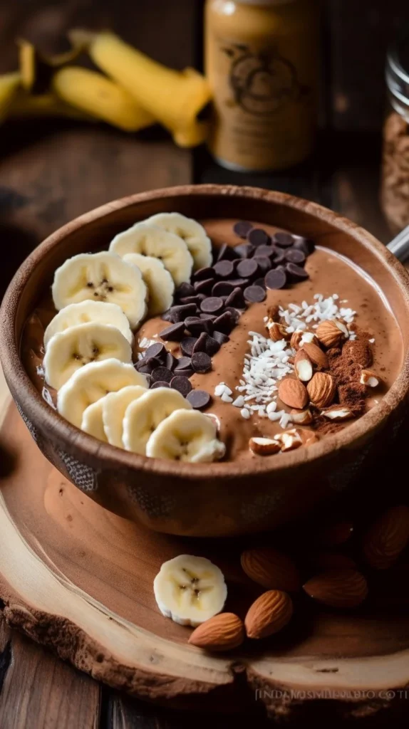 Chocolate banana smoothie bowl topped with fresh fruit and seeds