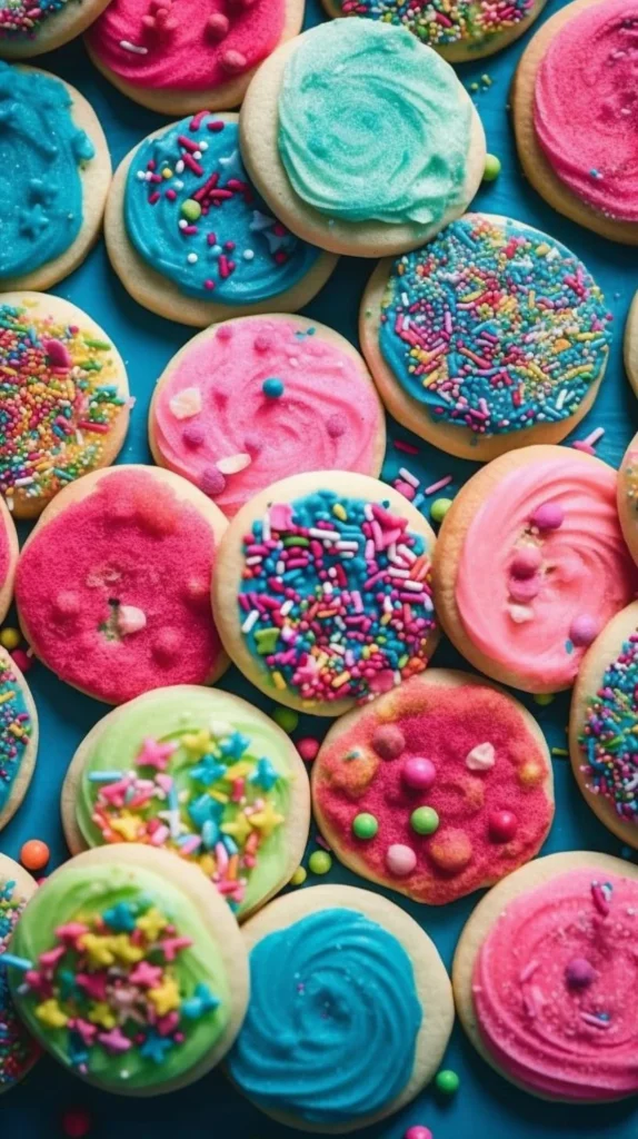 Delicious soft frosted sugar cookies decorated with colorful icing.