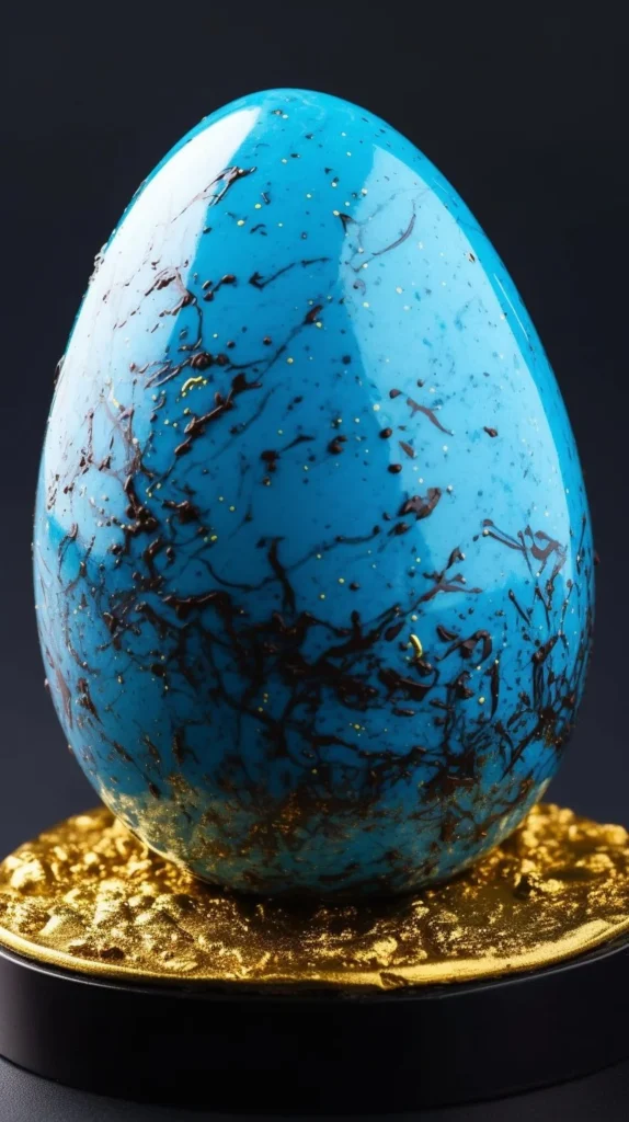 Slice of speckled Robins Egg Cheesecake with decorative blue eggs on top.