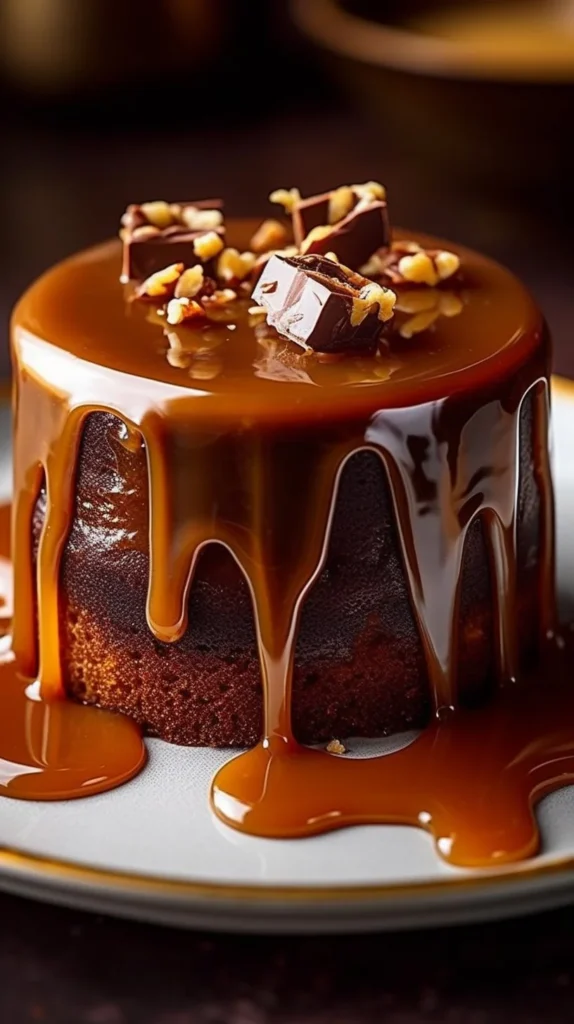 A delicious serving of Sticky Toffee Pudding drizzled with rich toffee sauce.