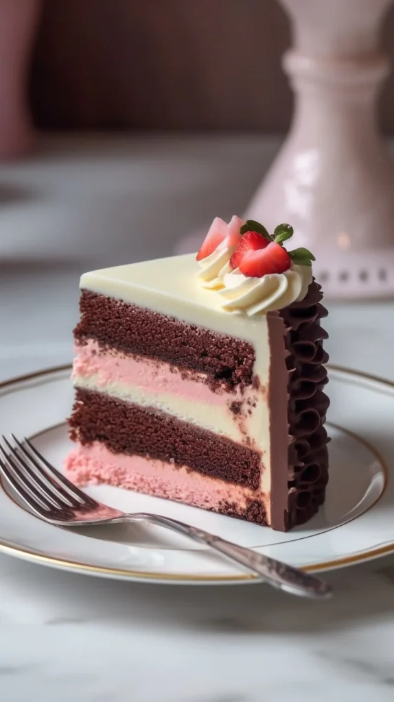 Slice of Strawberry Chocolate Cake topped with fresh strawberries and chocolate drizzle.