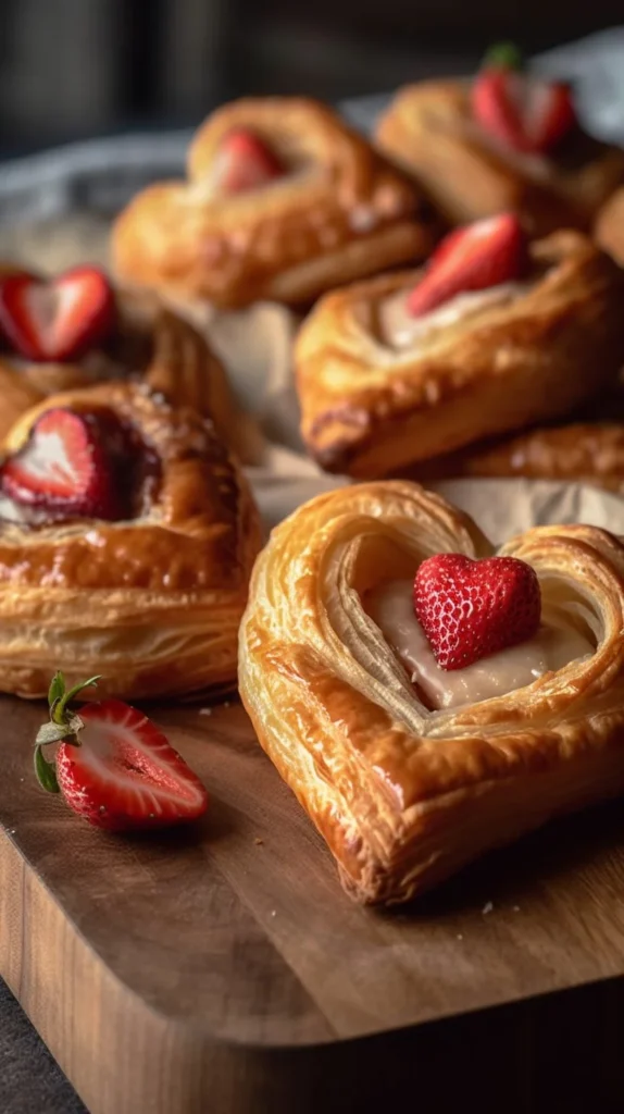 Heart-shaped Strawberry Cream Cheese Danishes on a plate