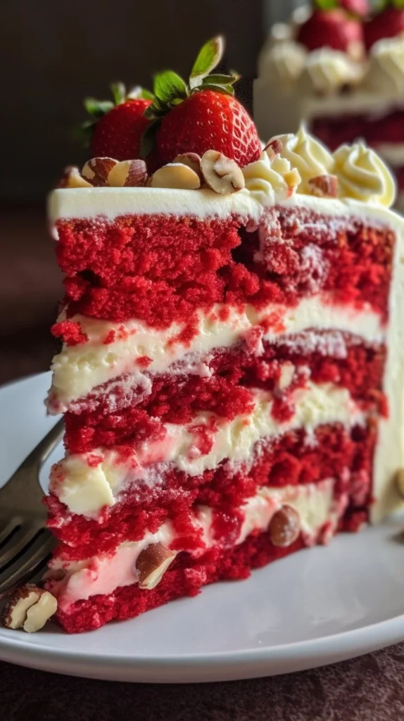 Deliciously moist Strawberry Earthquake Cake topped with fresh strawberries and cream.
