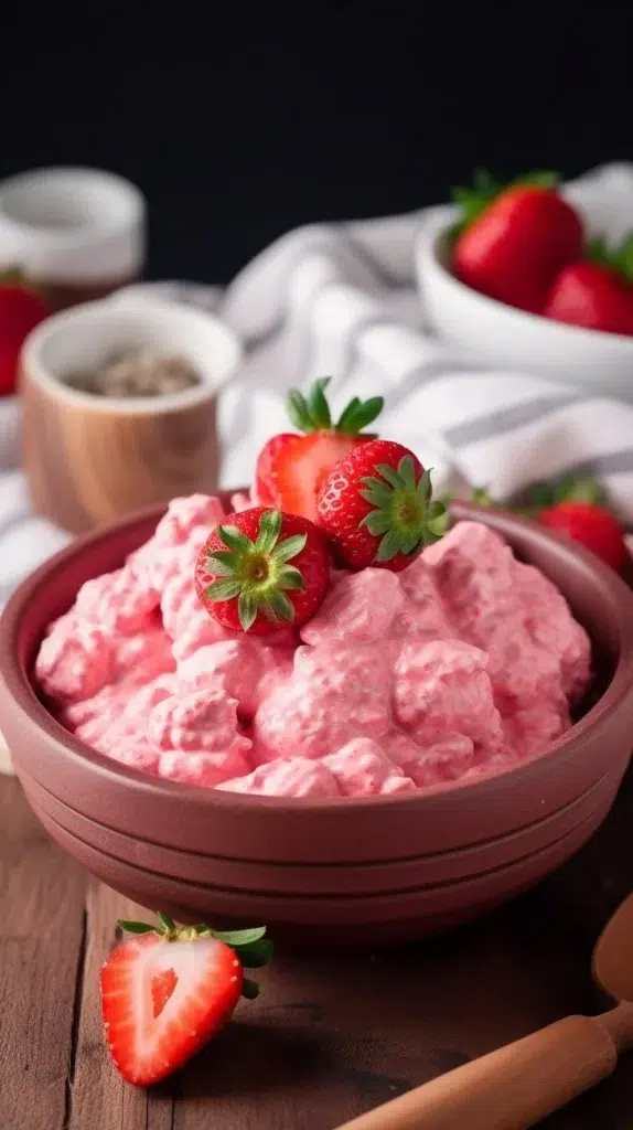 Delicious strawberry fluff dessert with whipped cream and fresh strawberries