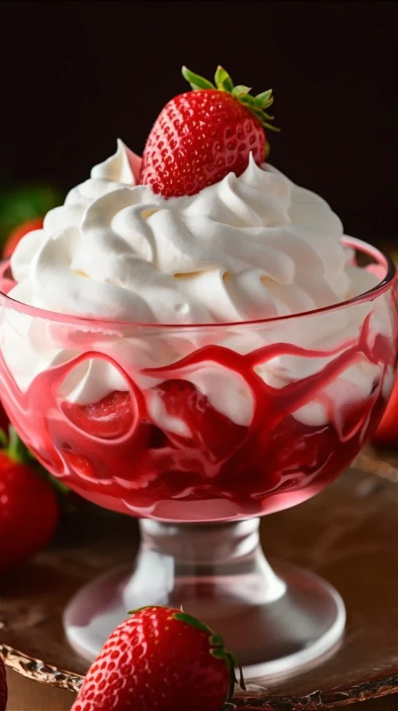 Delicious Strawberry Jello Whipped Cream Dessert served in a bowl