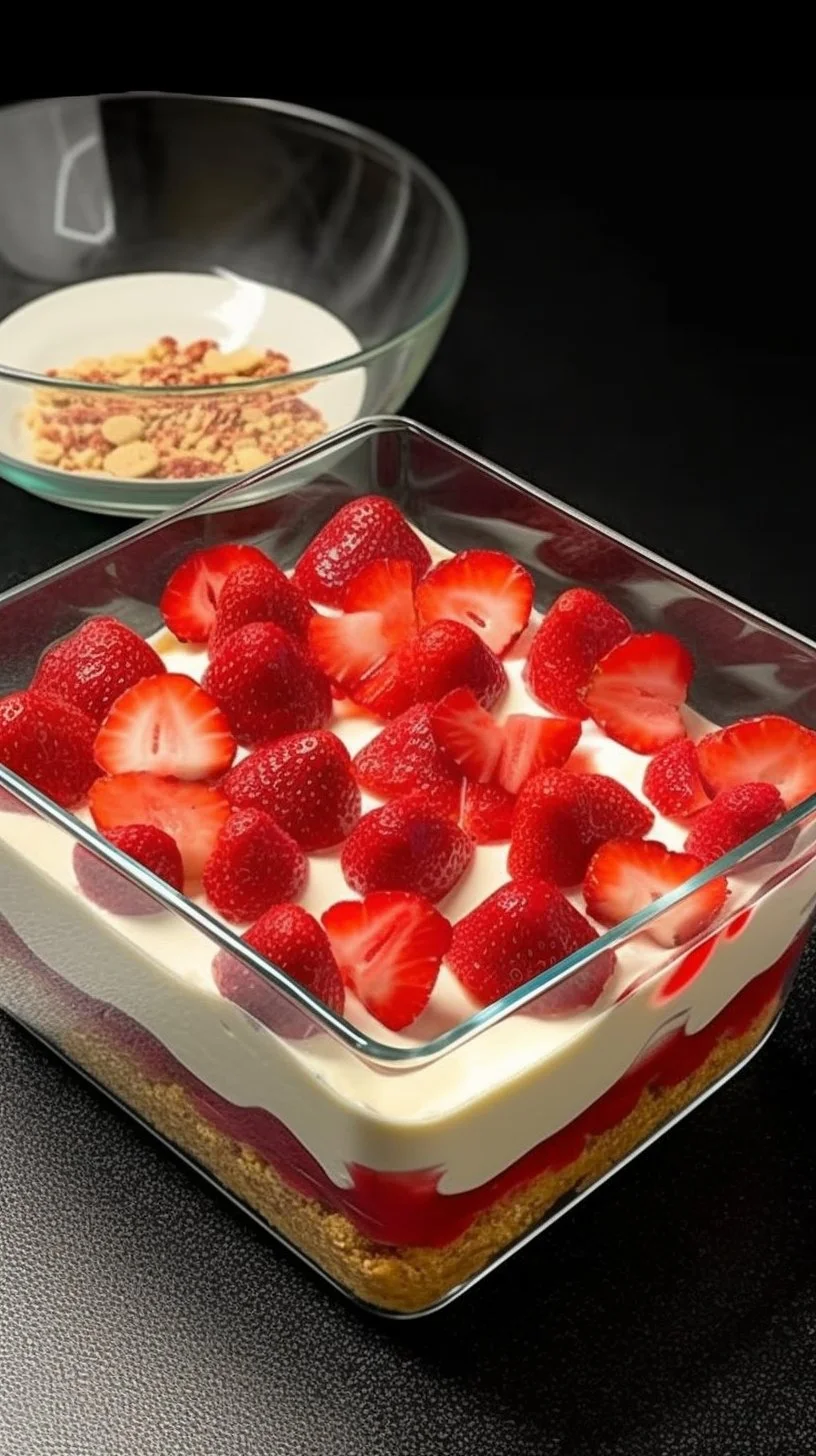 Delicious Strawberry Shortcake Pudding Bars with fresh strawberries and cream.