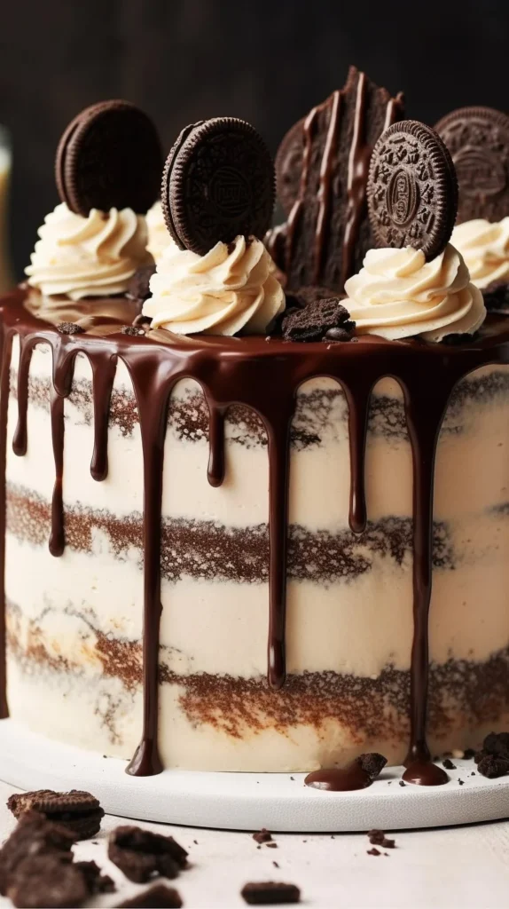 Delicious vegan cookies and cream cake decorated with chocolate and cookies