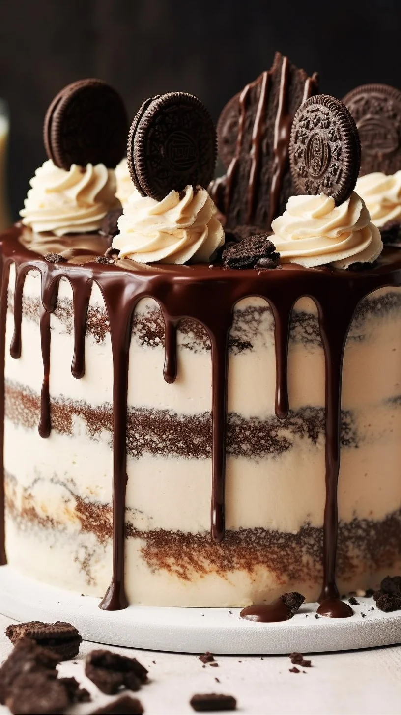 Delicious vegan cookies and cream cake decorated with chocolate and cookies