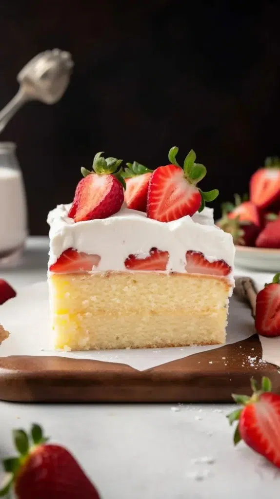 Delicious piece of Three Milk Cake topped with whipped cream and berries.