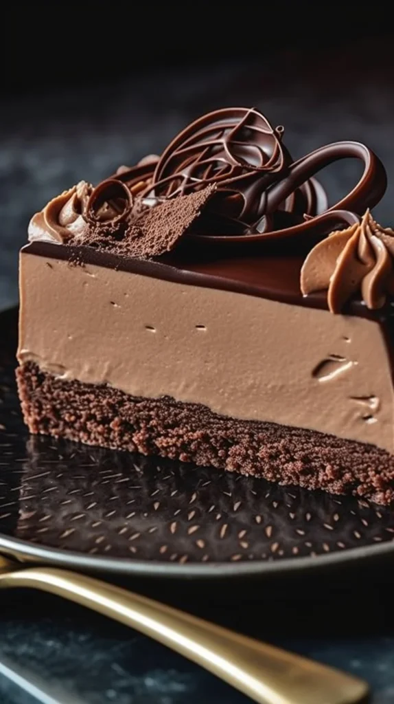 Delicious triple chocolate cheesecake slice with creamy chocolate layers and garnish.