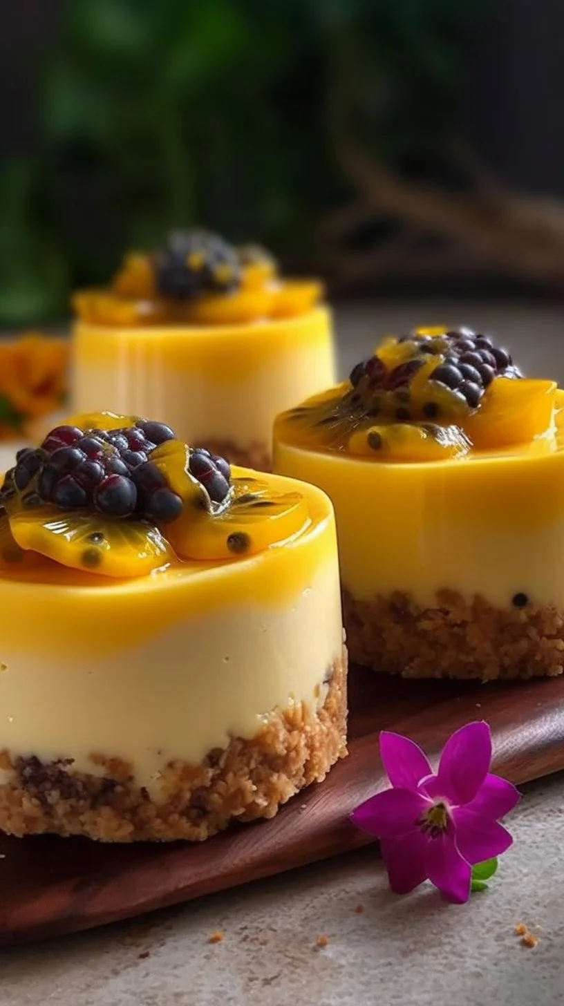 Ultra-creamy no-bake passionfruit cheesecake cups with buttery biscuit base