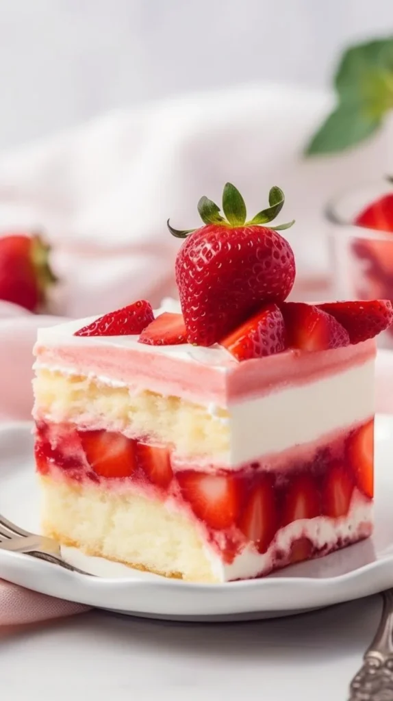 Delicious vanilla cake layered with fresh strawberry filling