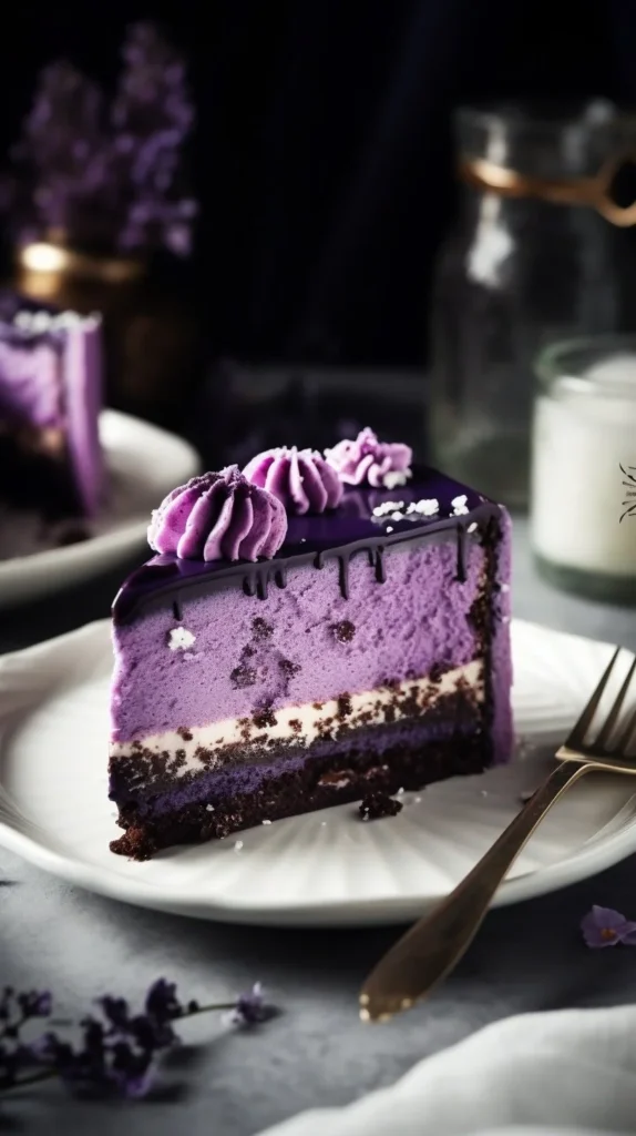 Vegan baked purple yam cheesecake topped with fresh berries and mint leaves