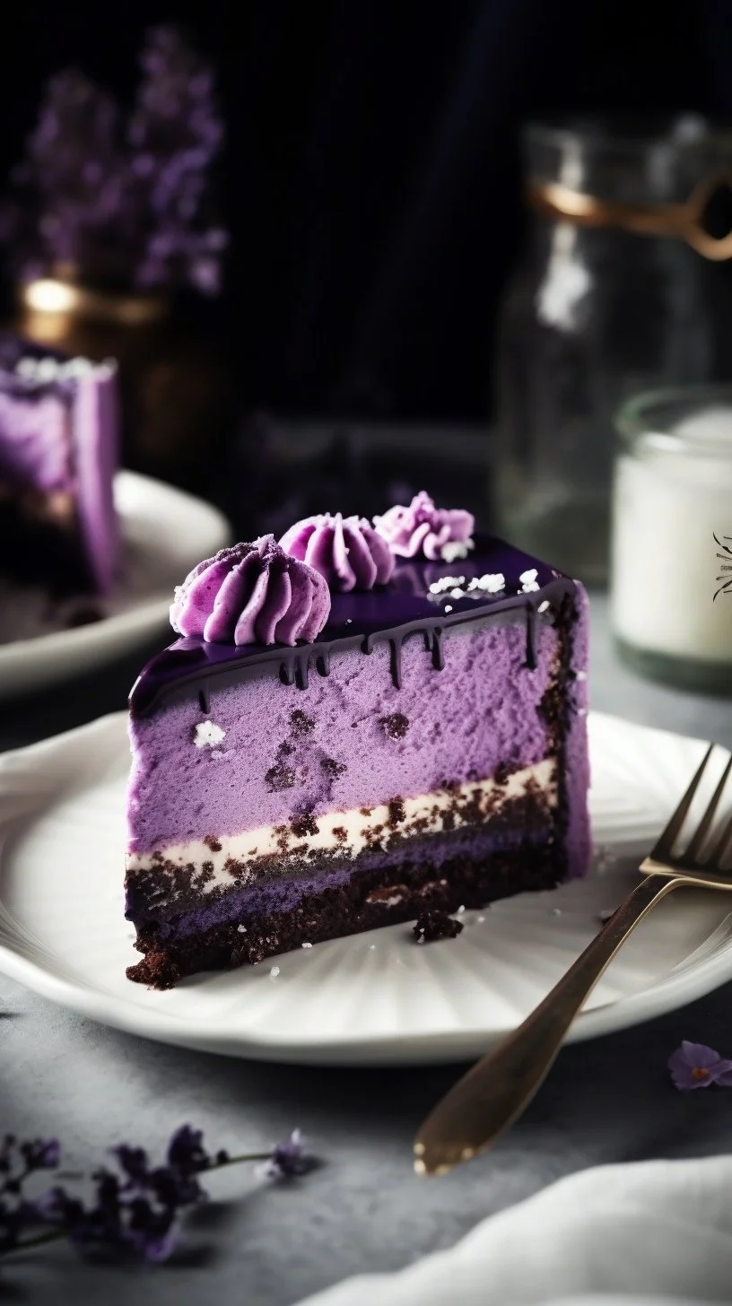 Vegan baked purple yam cheesecake topped with fresh berries and mint leaves