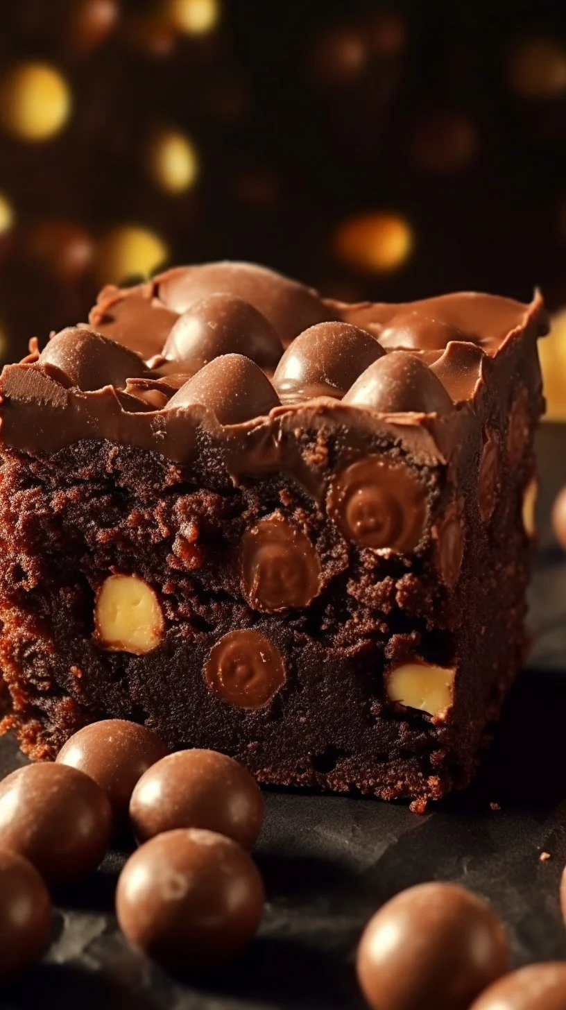 Delicious vegan Malteser brownies topped with chocolate and malt flavor.