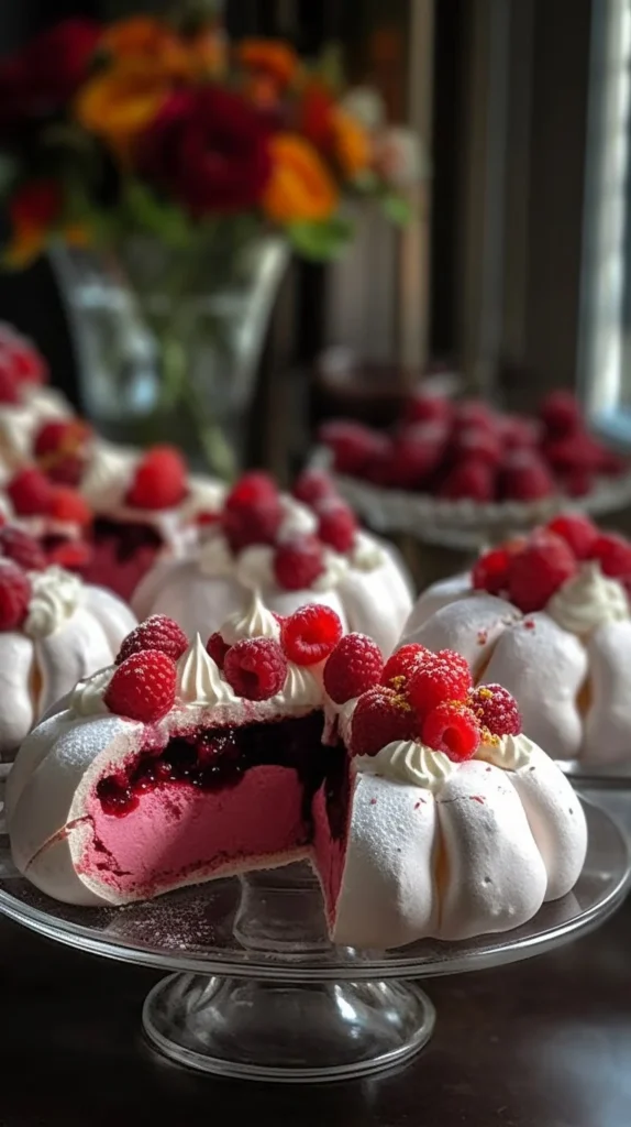 Velvet-Red Pavlova Bombs topped with creamy clouds and fresh raspberries