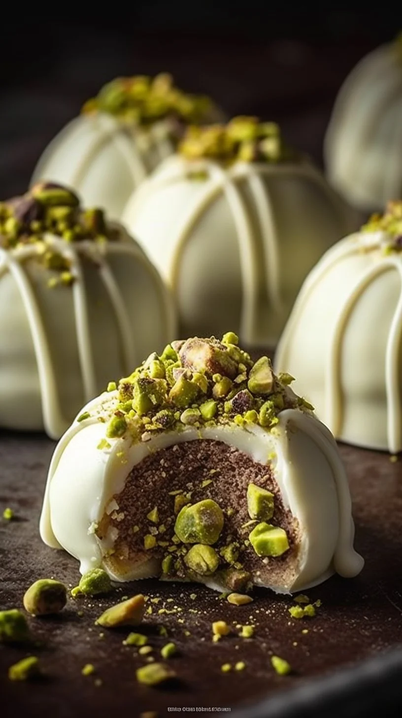 Delicious white chocolate pistachio truffles garnished with crushed pistachios